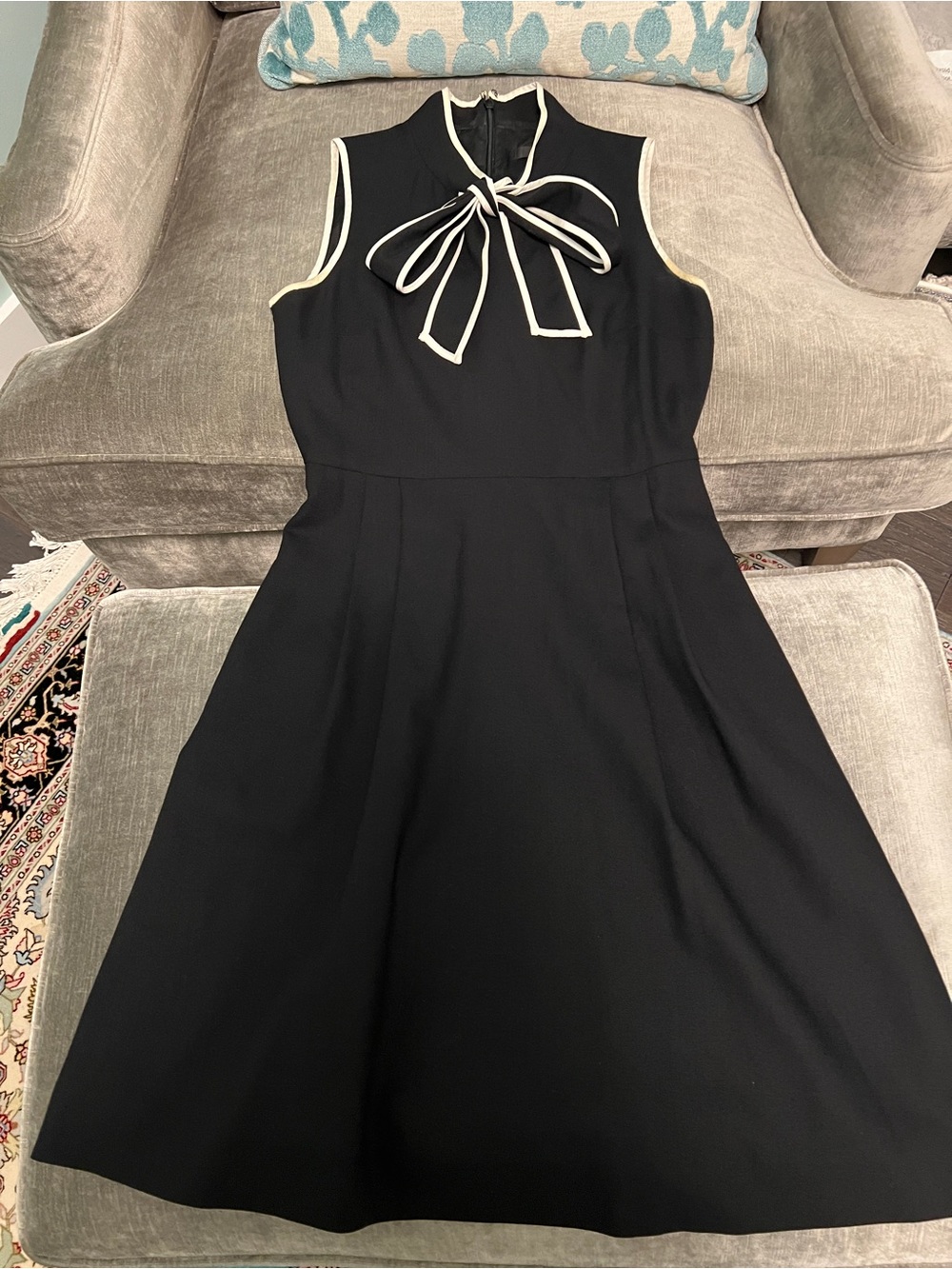 J.Crew Tie-Neck Bow Wool Crepe Flare Dress Black White Size 2